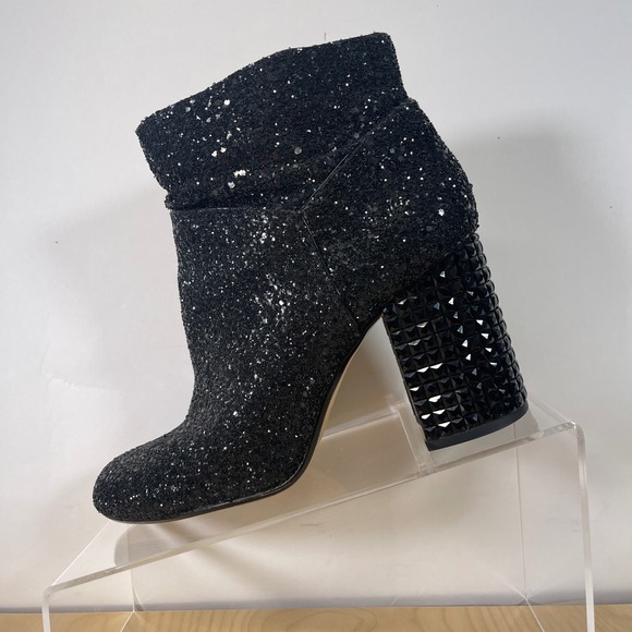 Michael Kors Black Glitter Block Heel Ankle Booties Studded Heel Sparkly Boots - Picture 1 of 9